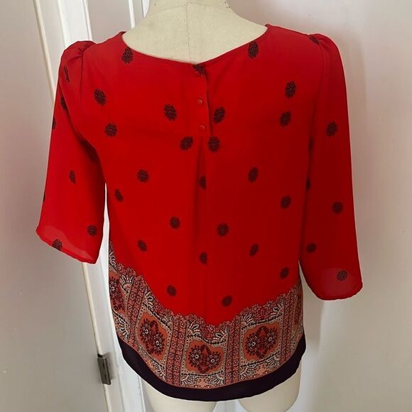 Anthropologie Maeve Rila Red Print 3/4 Sleeve Blouse - Picture 7 of 9
